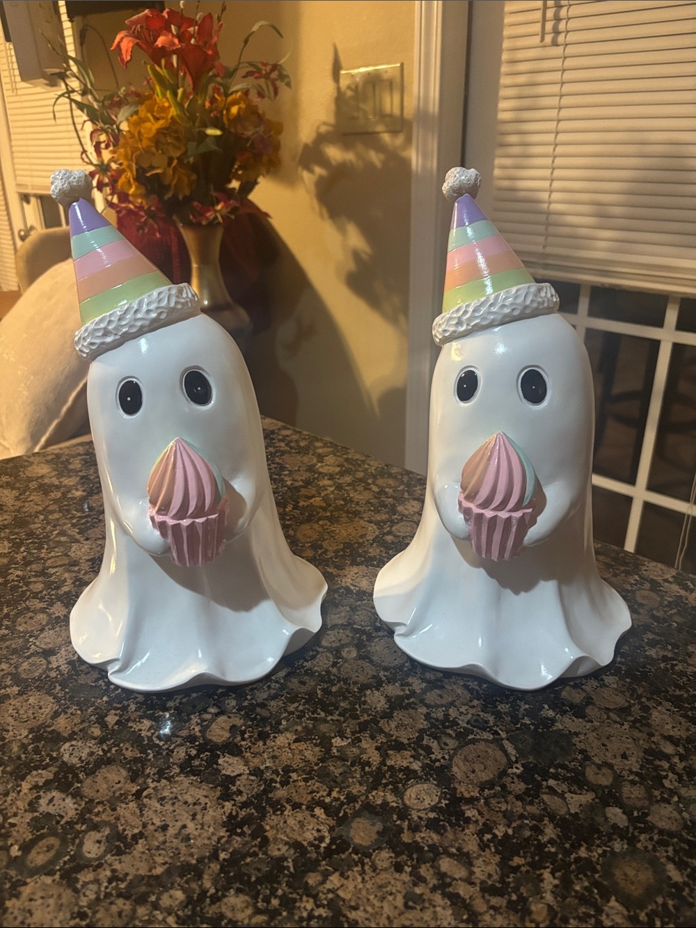 Ceramic Ghost Figurine Pair with Pastel Party Hats and Cupcakes - White